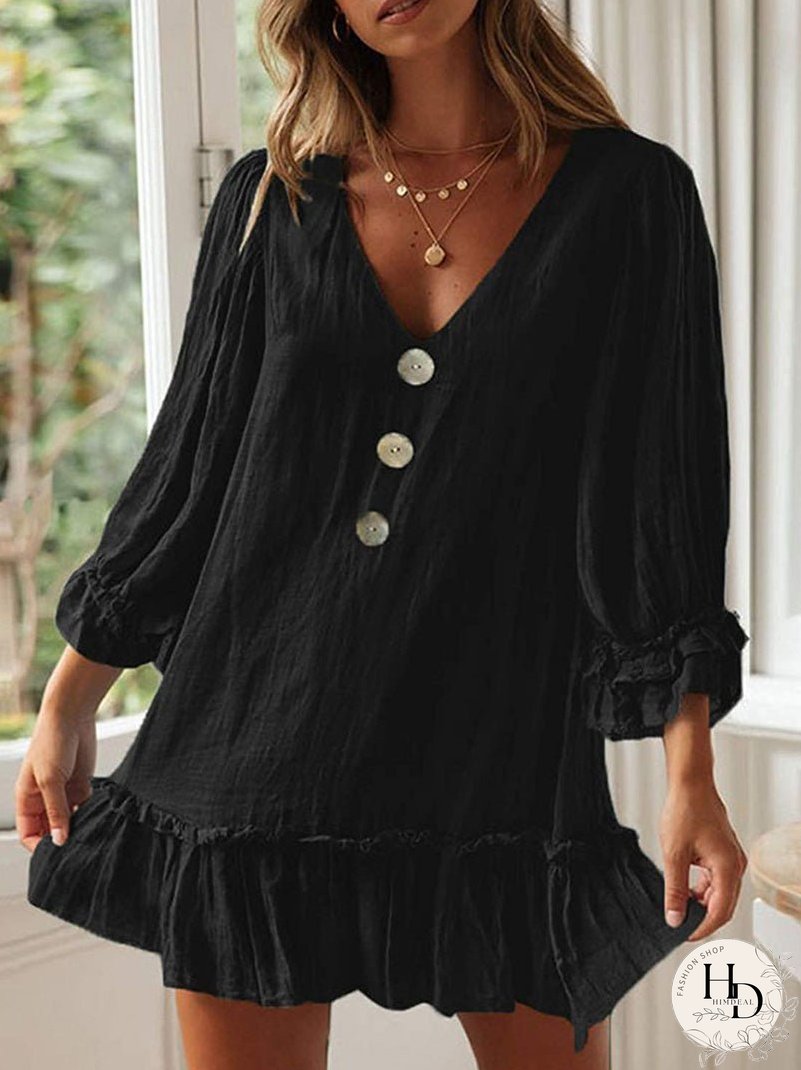 Dresses V Neck Button Long Sleeve Ruffle Dress for Women