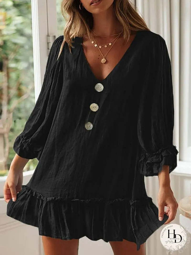 Dresses V Neck Button Long Sleeve Ruffle Dress for Women