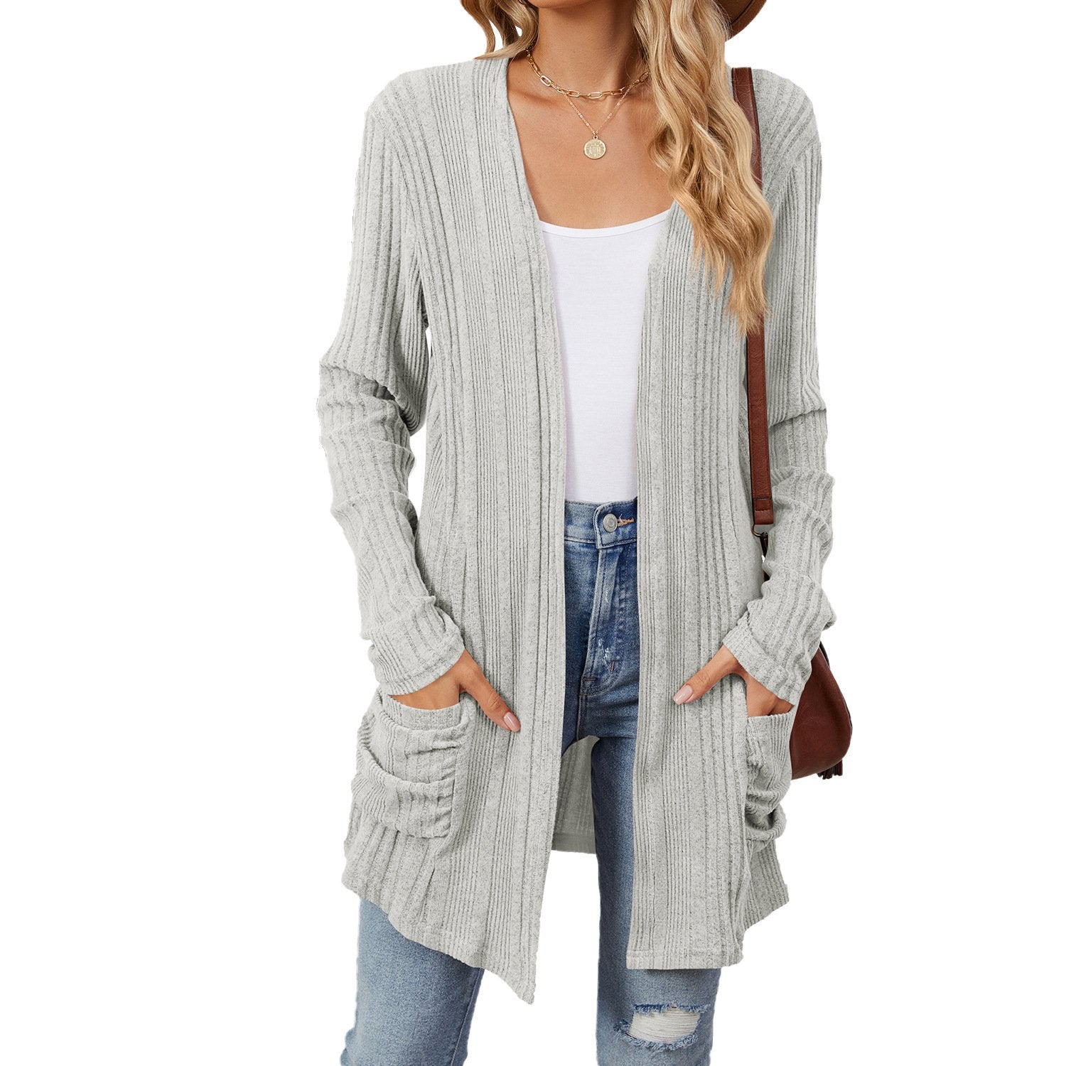 Solid Color Ribbed Long Sleeves Pocket Cardigan
