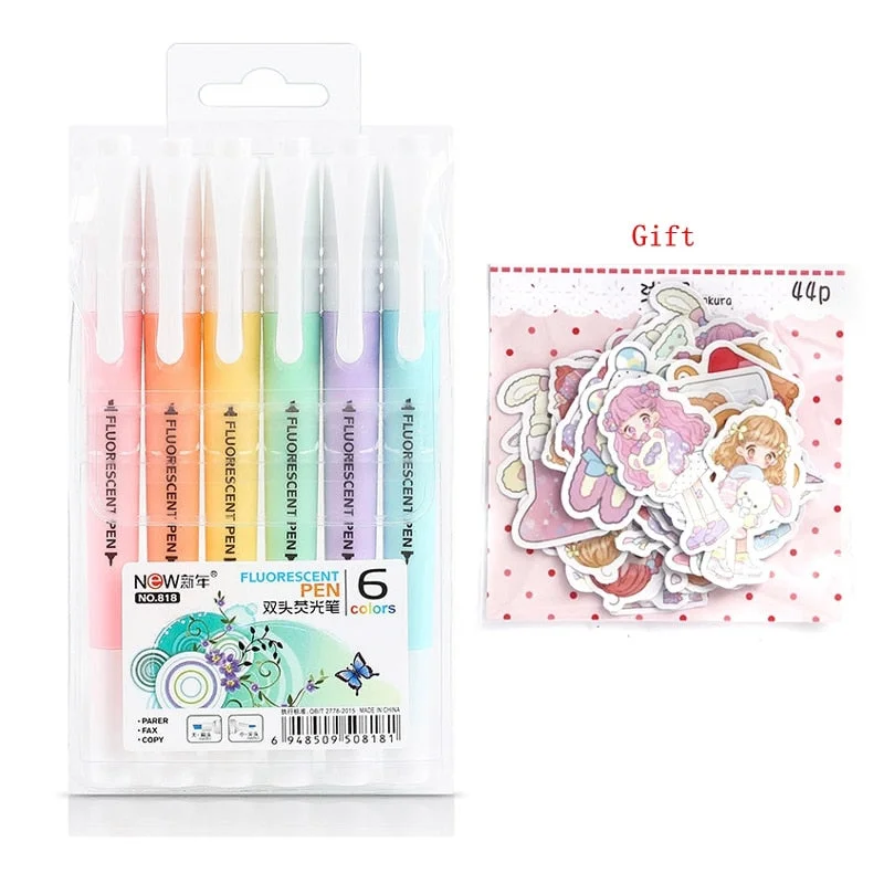 6pcs/set Cute Candy color Highlighter Pen Stationery Double Headed Fluorescent marker Pen Mark Pen Office School Supplies