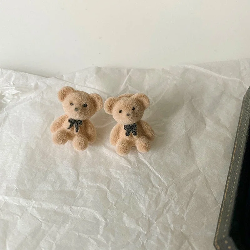 New Korean Kawaii Funny Plush Small Stud Earrings Cute Bow Bear Statement Dainty Earring Fashion Jewelry 2021