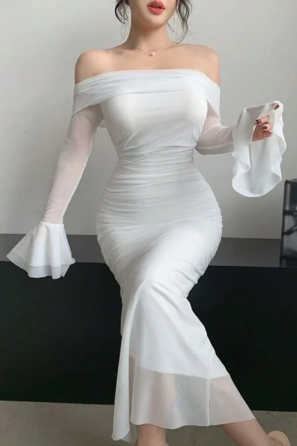 White Sexy Off-The-Shoulder Long Sleeves Ankle Length Prom Dress ZT0798