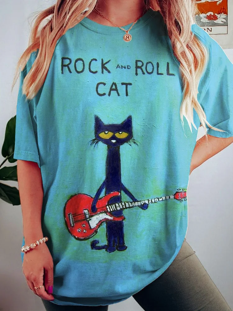 Women's Rock Cat Art Print Crew Neck Causl Shirt