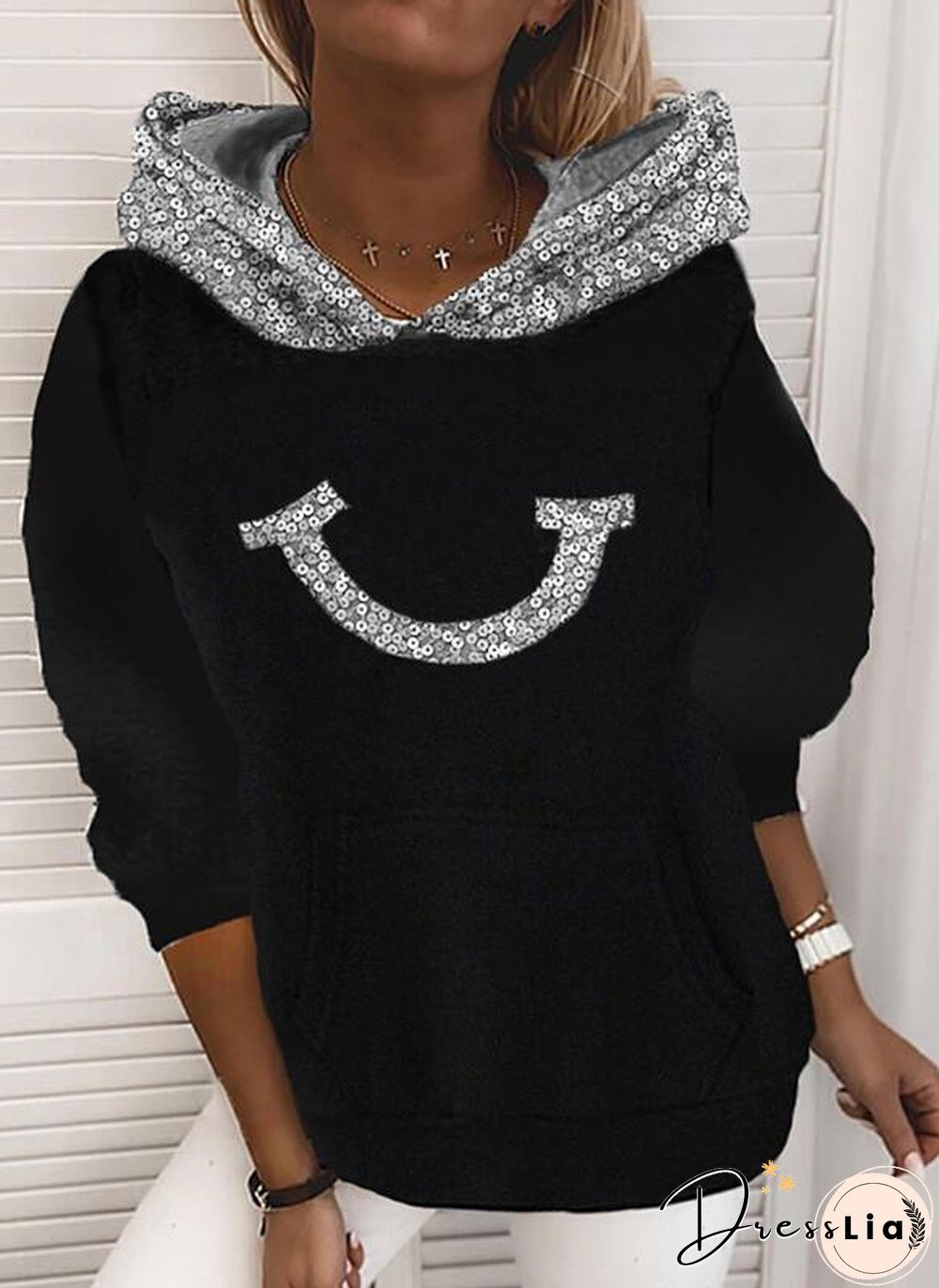 Sliver Sequin Smile Pattern Hoodie