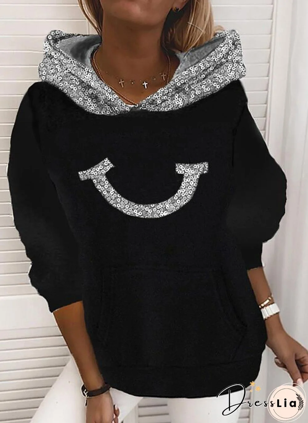 Sliver Sequin Smile Pattern Hoodie