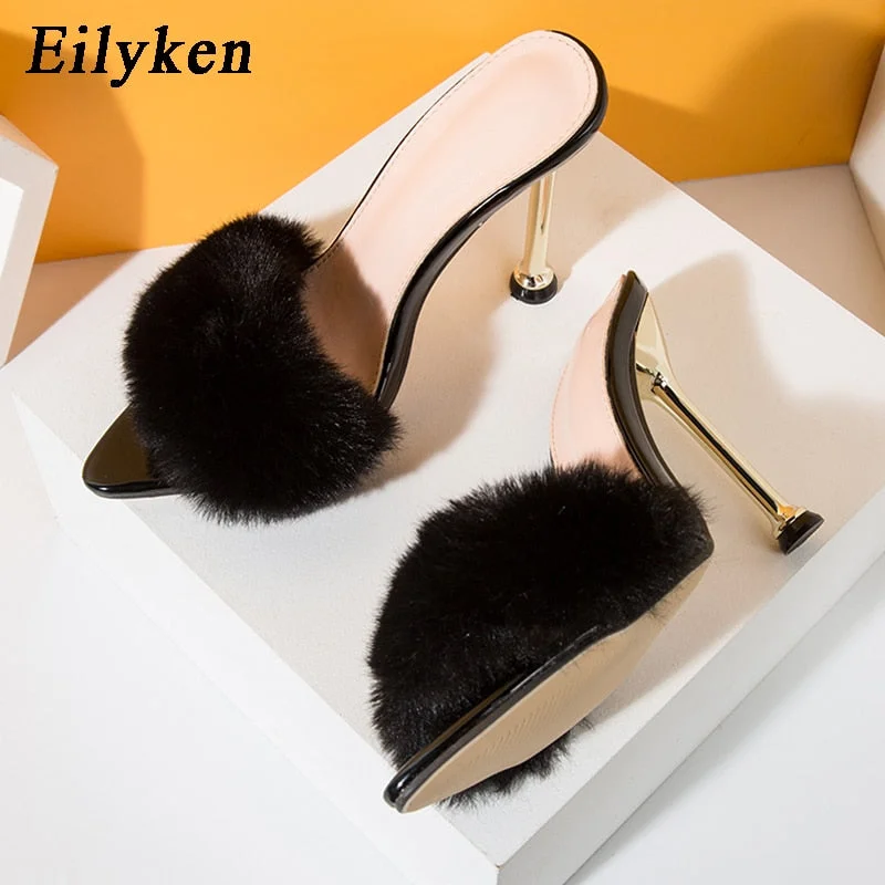 Eilyken Women slippers Faux Fur Strappy Mule high heels Slippers Sandals flip flops Pointed toe Slides Party shoes Woman