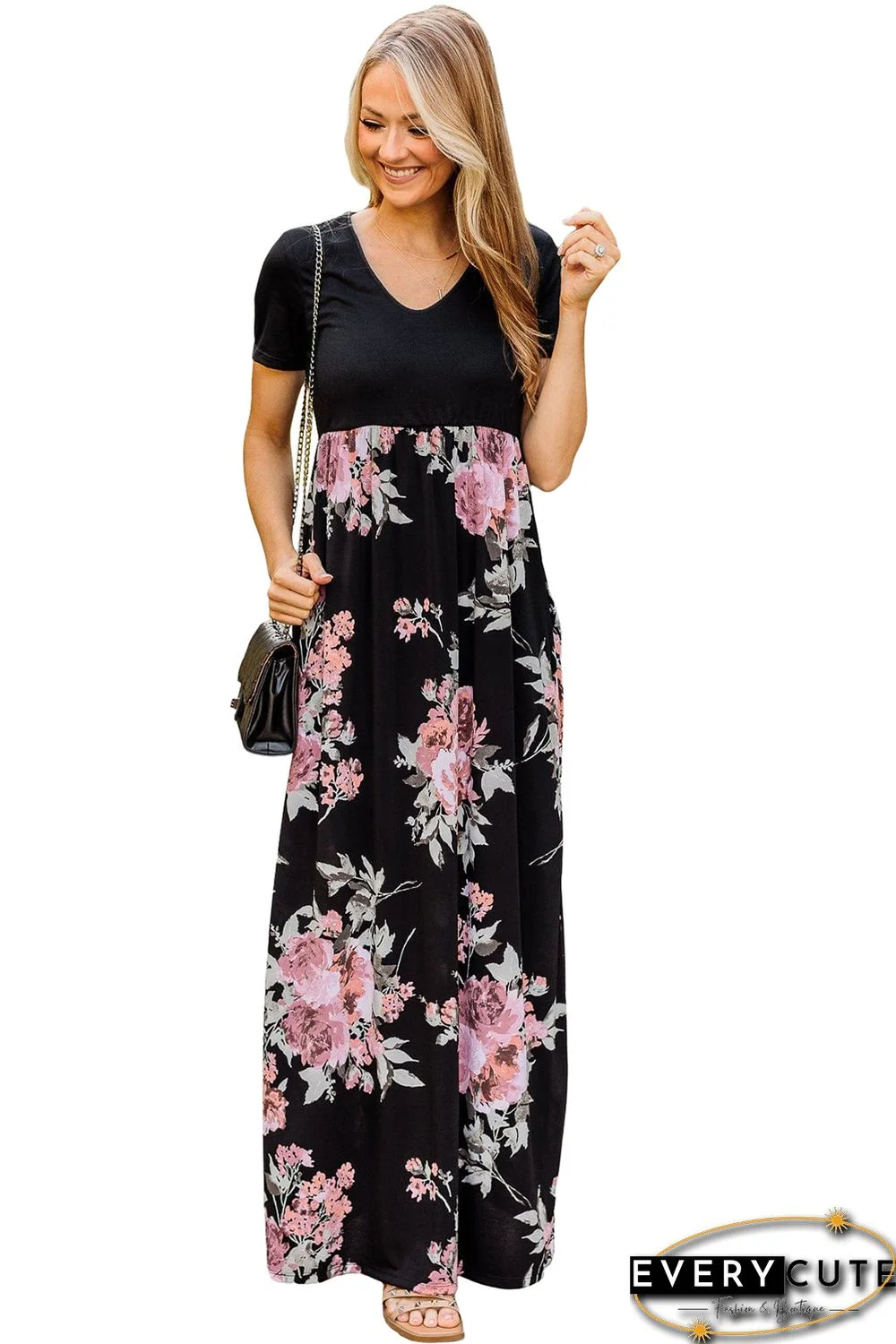 Black Contrast Floral Empire Waist Maxi Dress