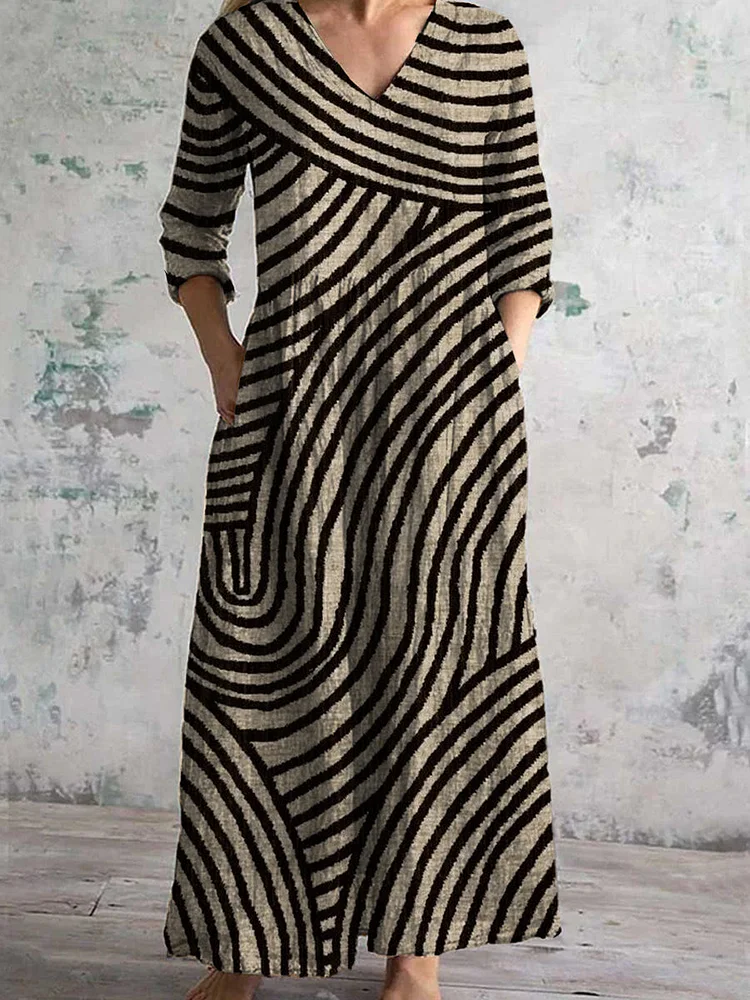 Vintage Stripe Art Print Chic V-Neck Three-Quarter Sleeves Elegant Midi Dress