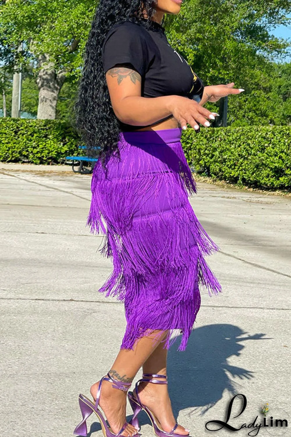 Purple Casual Print Tassel Split Joint O Neck Short Sleeve Two Pieces