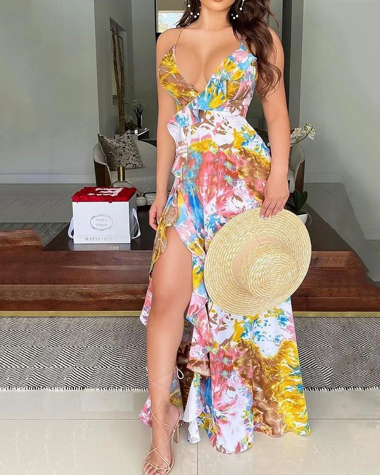 Tie-dye Print Strap Ruffle Dress