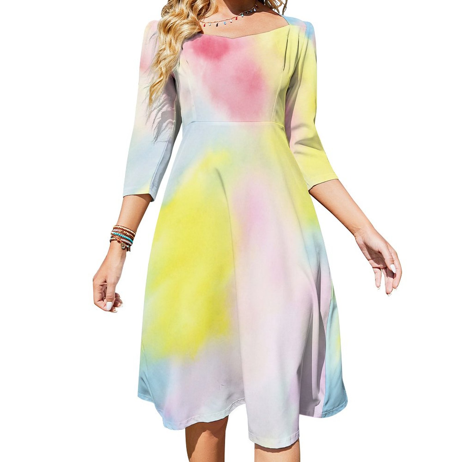 Pink Yellow Blue Tie Dye Peace Dress Sweetheart Tie Back Flared 3/4 Sleeve Midi Dresses