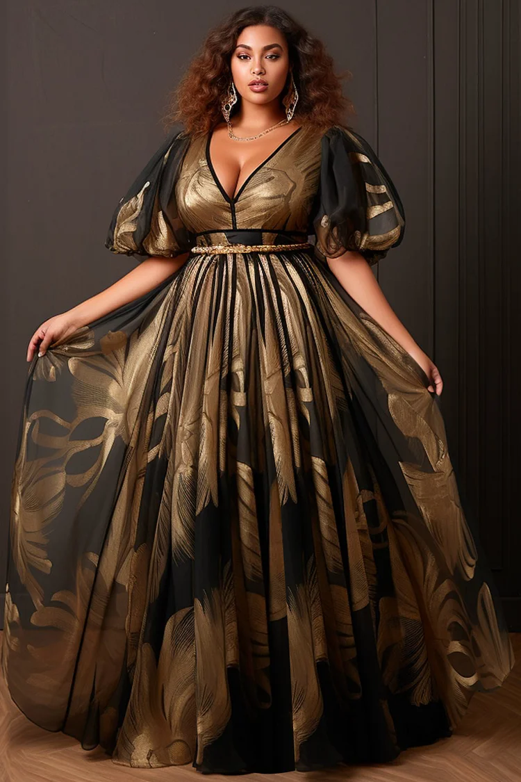 Xpluswear Design Plus Size Formal Gold V Neck Puff Sleeve Tulle Maxi Dresses [Pre-Order]