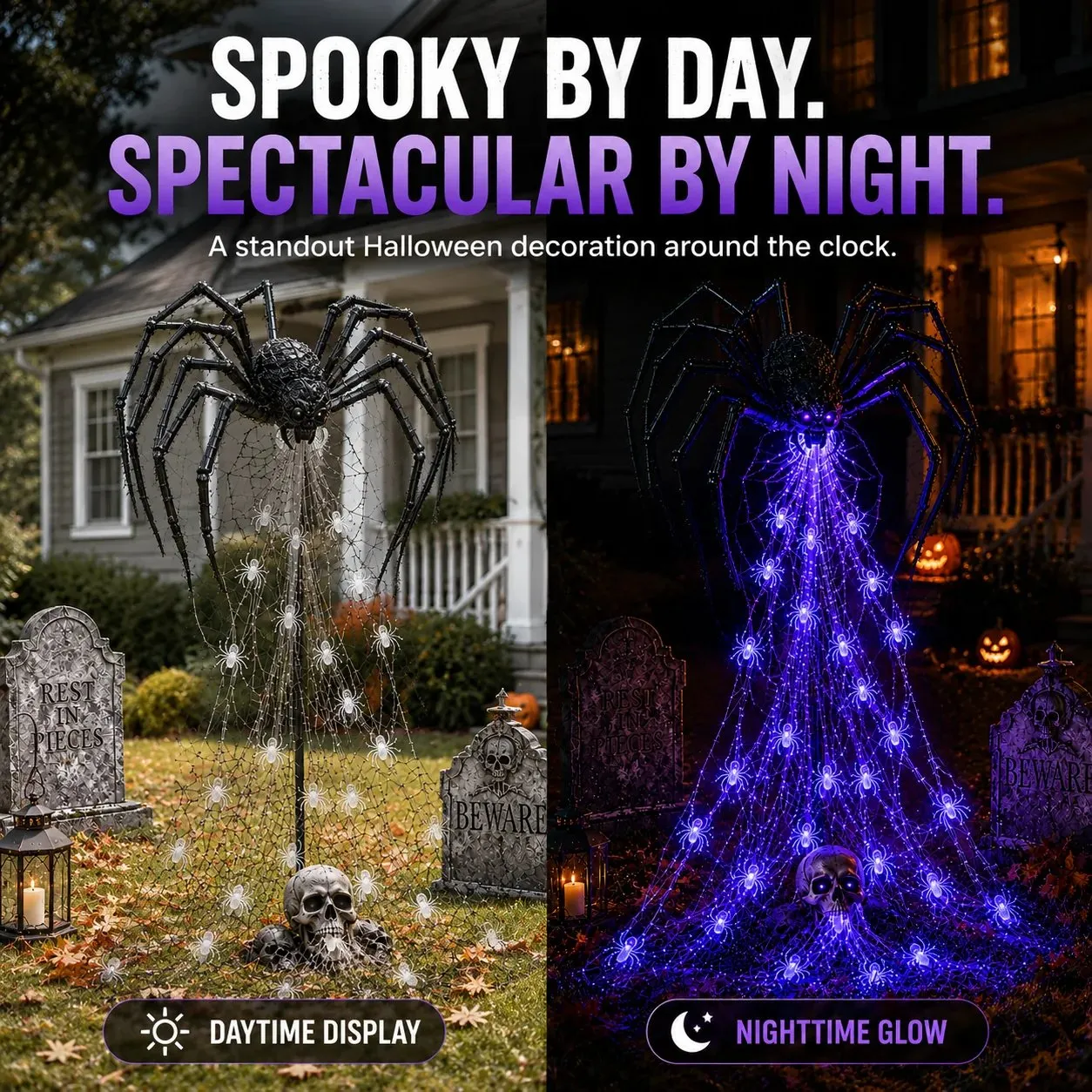 Day and night comparison of the giant Halloween spider web yard light