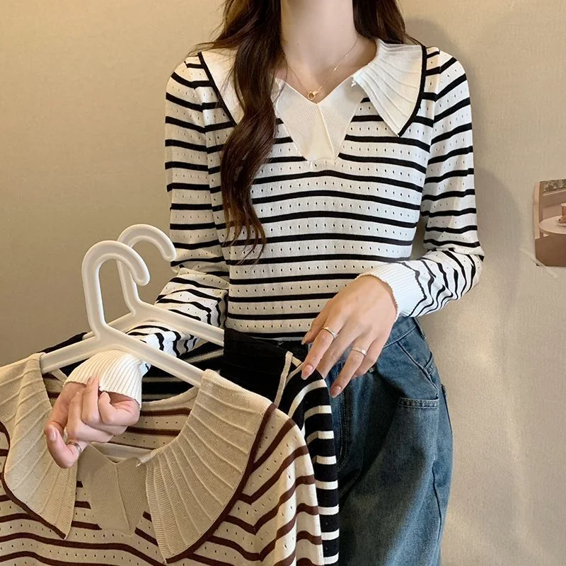 Uveng Uveng Red The Same Campus Autumn Temperament Polo Long-Sleeved T-Shirt Girl New Striped Knitted Shirt Wearing Loose Top
