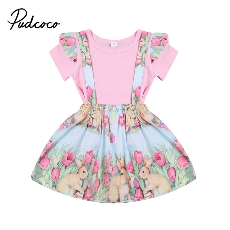 Infant Kids Baby Girl 2Pcs Easter Outfit Set Children Crew Neck Solid Short Sleeve Top Bunny Straps Skirt Suit Toddlers 1-4T