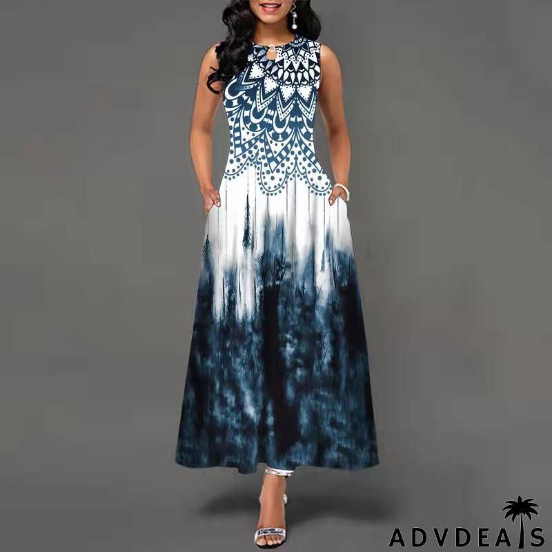 Women Fashion Plus Size Graphic Printing Sleeveless Swing Dress