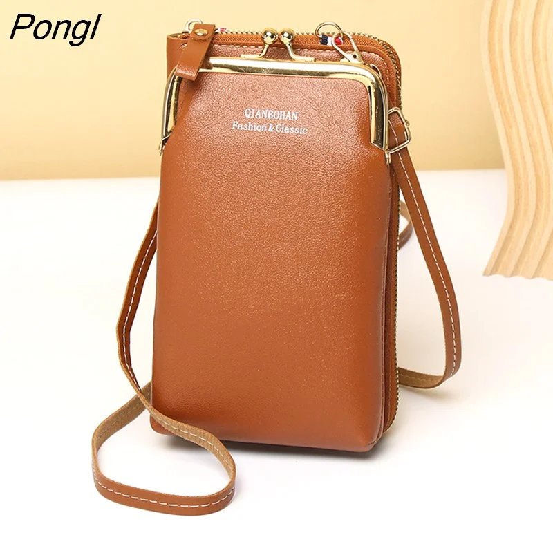 Pongl Women Wallet Bag Solid Leather Shoulder Straps Shoulder Bag Mobile Phone Big Card Holders Wallet Handbag Pockets Girls