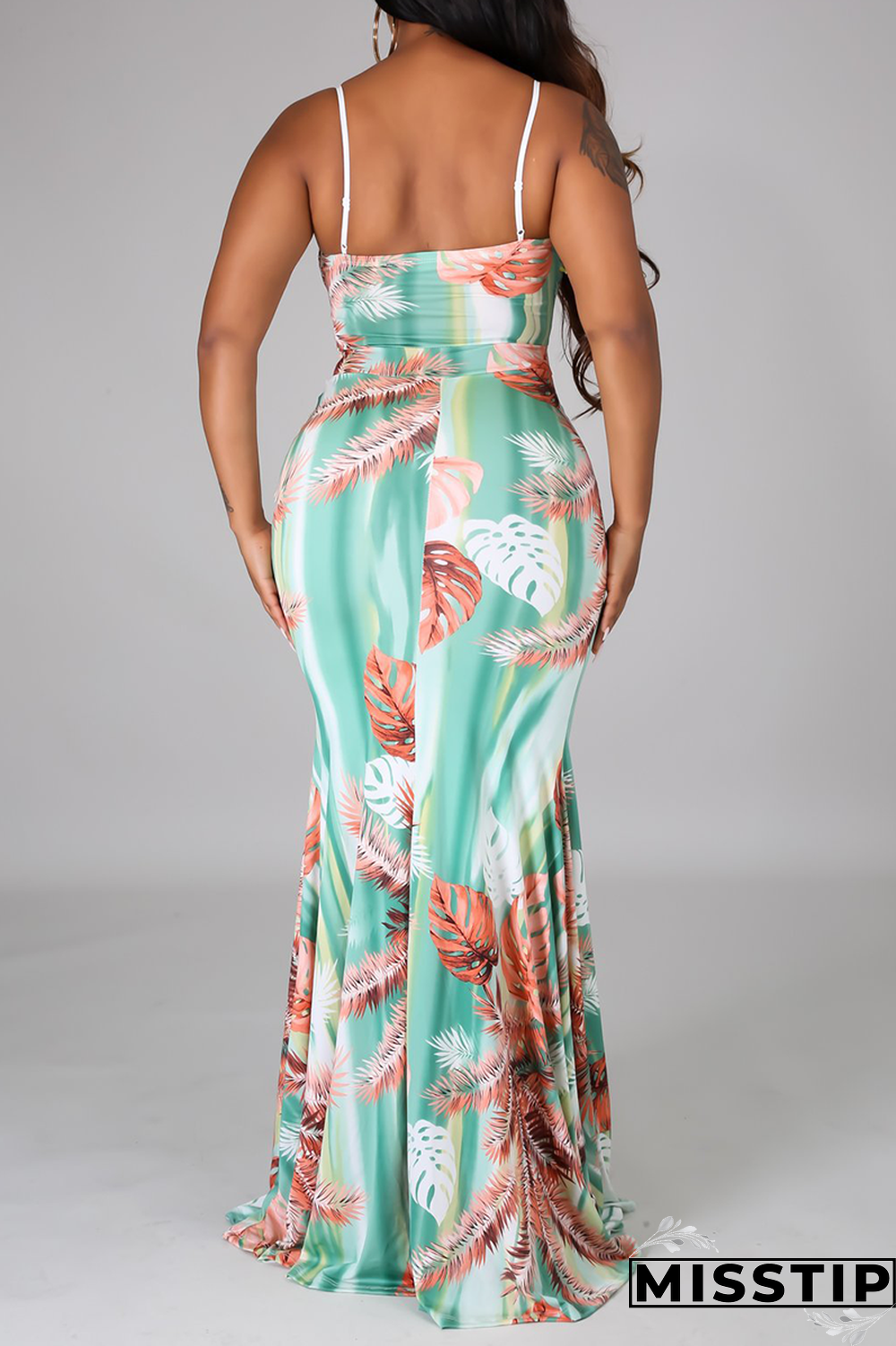 Blue Sexy Print Hollowed Out Spaghetti Strap Trumpet Mermaid Dresses