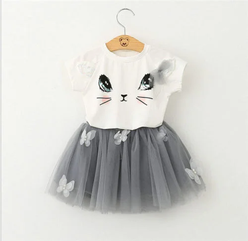  Kids Baby Girls Outfits Clothes Cat Print Short SleeveT-shirt Tops Tutu Dress 2Pcs Set 2-7Y