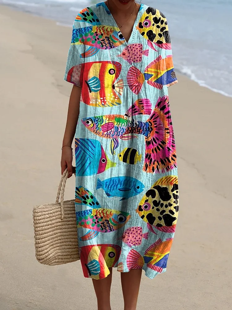 Cartoon Tropical Fish Pattern Printed Women's Flowy Dress