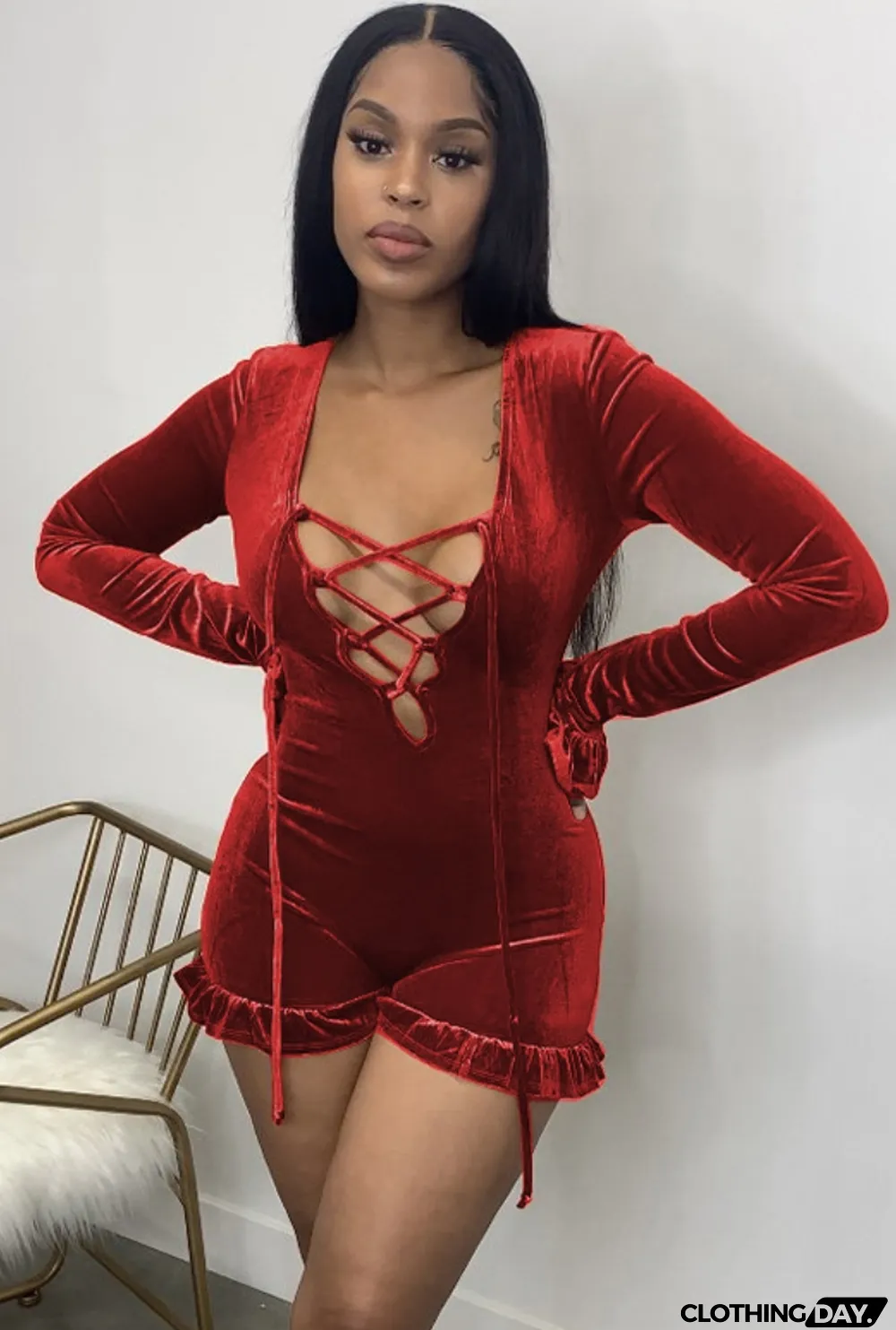 Sexy Red Velvet Plunge Lace-Up Neck Ruffled Long Sleeve Romper