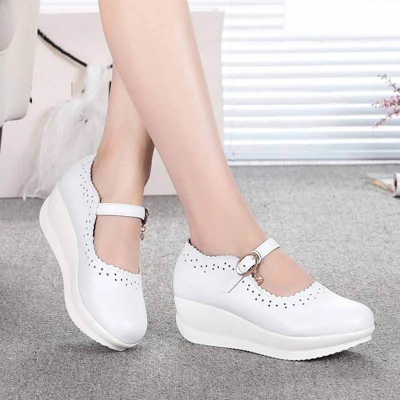 2022 Spring Real Leather Shoes High Heels Round Shallow Mouth Women Shoes Wedge Leisure White Nurse Mom Shoes Shoes Size 33-43
