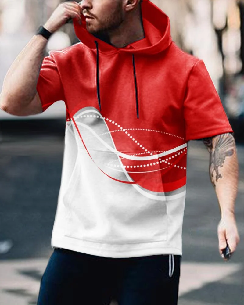 Men's Casual Abstract Stitching Printing Short-Sleeved Hoodie