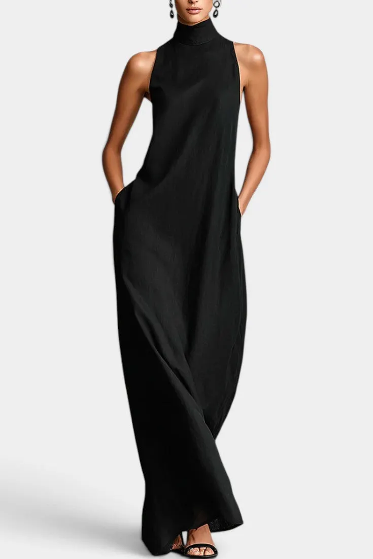 High Neck Linen Maxi Dress with Side Pockets