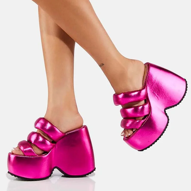 Fuchsia Open Toe Wedge Mules Women's Party Cute Platform Heels |FSJ Shoes