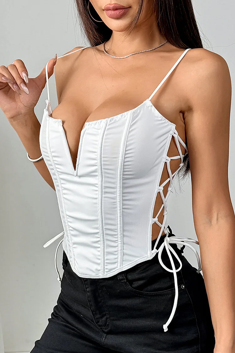 Side Cutout Lace Up V Neckline Cami Corset-White