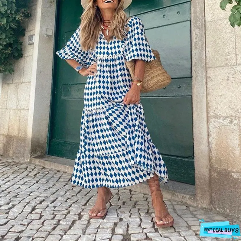 Women's Bohemian Round Neck Lantern Sleeve Sweet Dresses