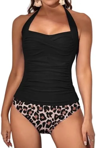 Womens Halter Ruched Tummy Control Two Piece Tankini 