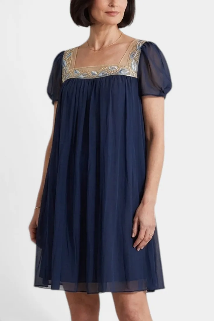 Square-Neck Embroidered Dress with Puffed Sleeves