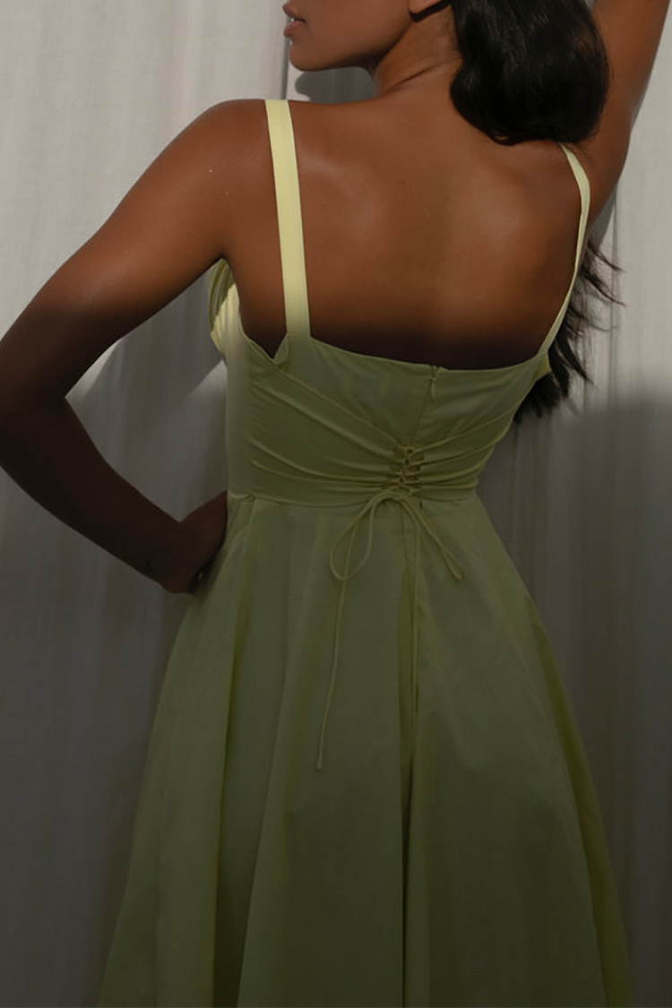 Front Tie Up Ruched Cinch Waist Slip Midi Dresses-Yellow