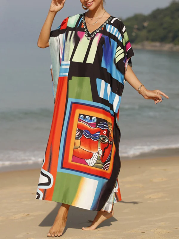 Printed Split-Joint Split-Side Batwing Sleeves Loose V-Neck Maxi Dresses