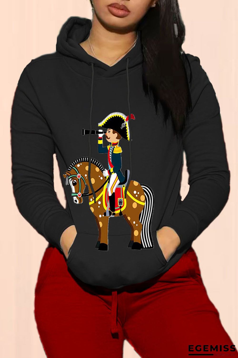 Black Casual Print Patchwork Hooded Collar Tops | EGEMISS