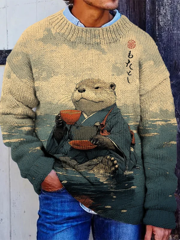 Men's River Kimono Otter Tasting Tea Japanese Art Print Knit Sweatshirt