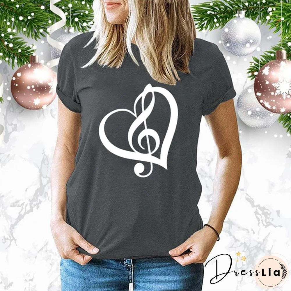 Cute Music Printed T-Shirts Women Short Sleeve Funny Round Neck Tee Shirt Casual Summer Tops