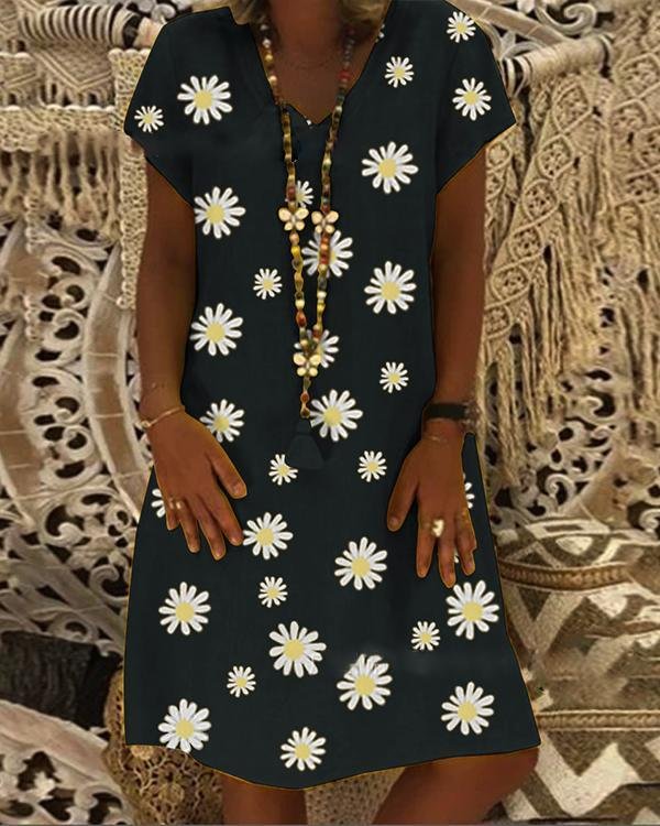 casual vintage v neck short sleeved daisy dress p110185