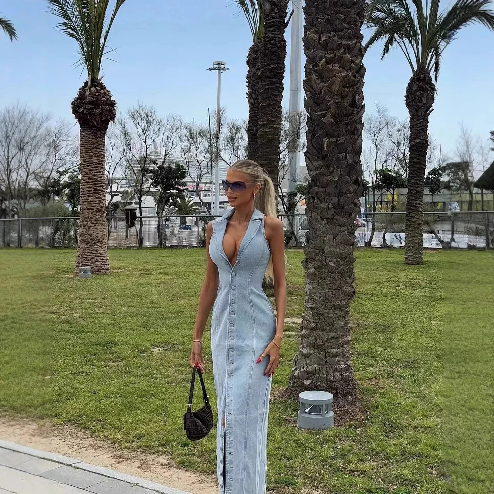 Nigikala Nigikala Women's Explosive Temperament Light Blue Sexy Cardigan Cowboy Button Dress