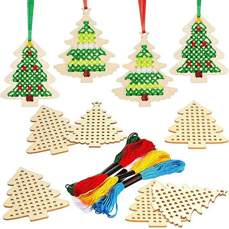 10Pcs Wooden Cross Stitch Christmas Tree Kit DIY Sewing Christmas Hanging Decor