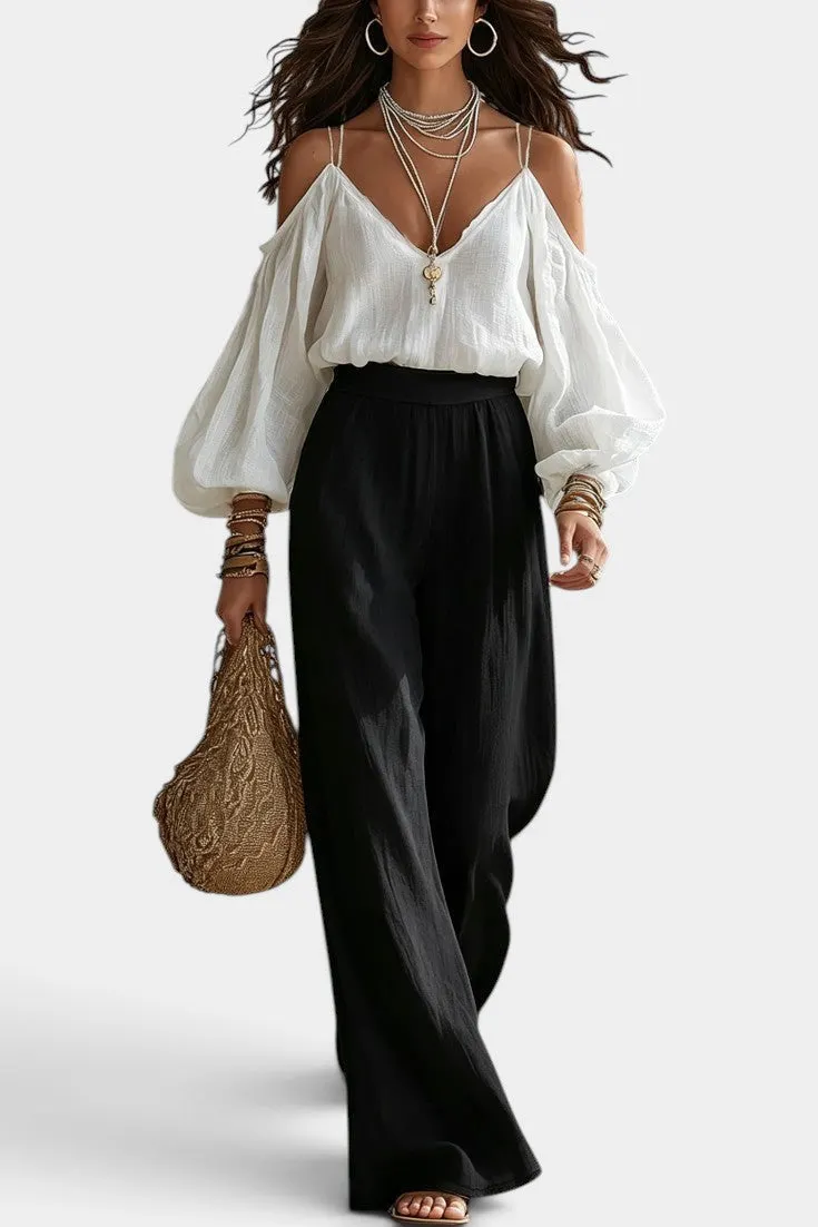 Off-Shoulder Lace Blouse with Wide-Leg Trousers Set