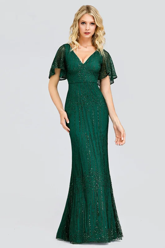 Glamorous Green Short Sleeve Prom Dress Long Mermaid Evening Gowns With Beadings - lulusllly