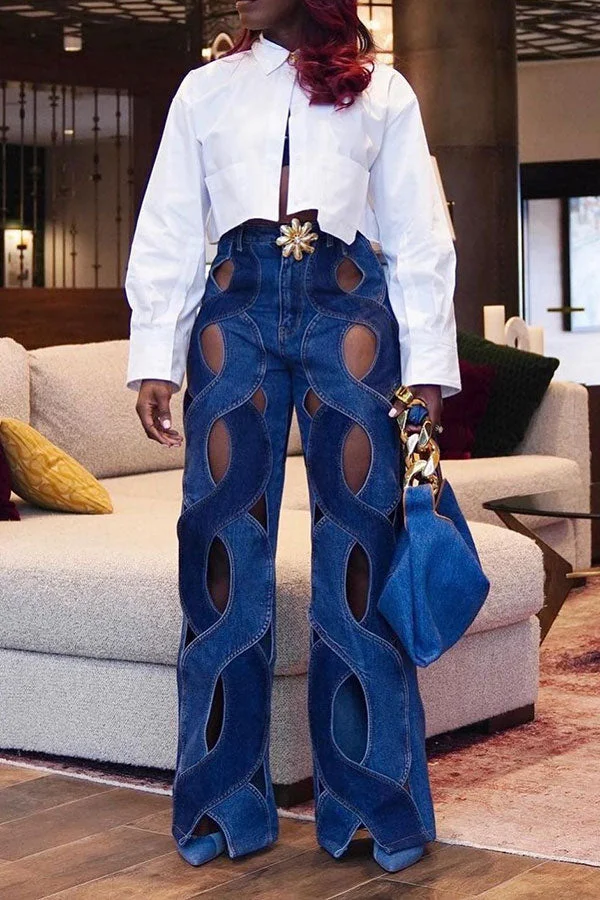 Solid Color Unique Hollow-Out Denim Jeans With Metal Buckle