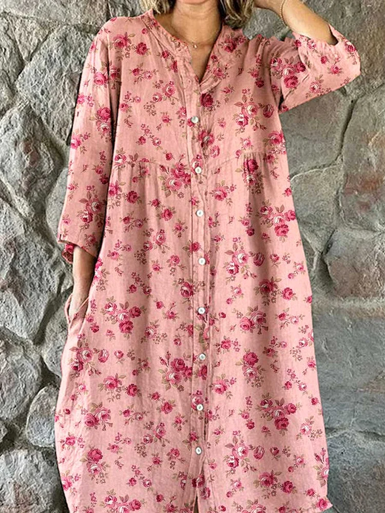 Womens Resort  Art   Rose Floral  Pattern Cotton Shirt Dress