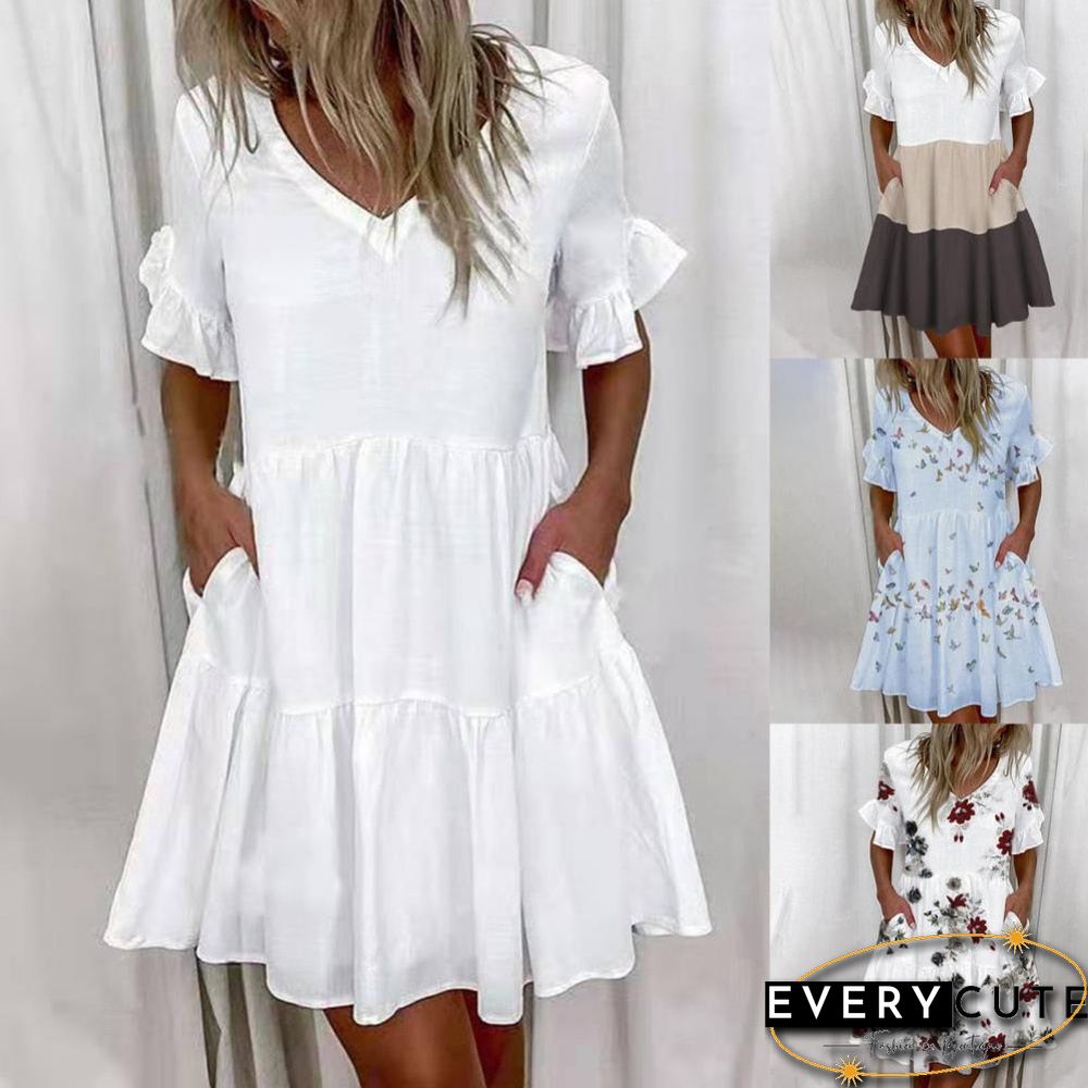 Womens Vintage Mini Dress-Summer Fashion-Elegant V-Neck-Floral Print Patchwork