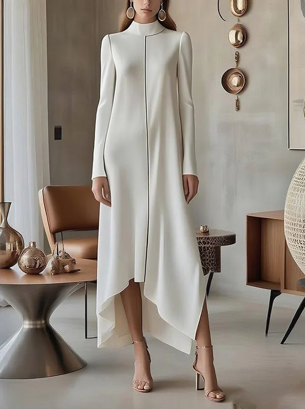 Solid Color Split-Joint Long Sleeves Mock Neck Maxi Dresses
