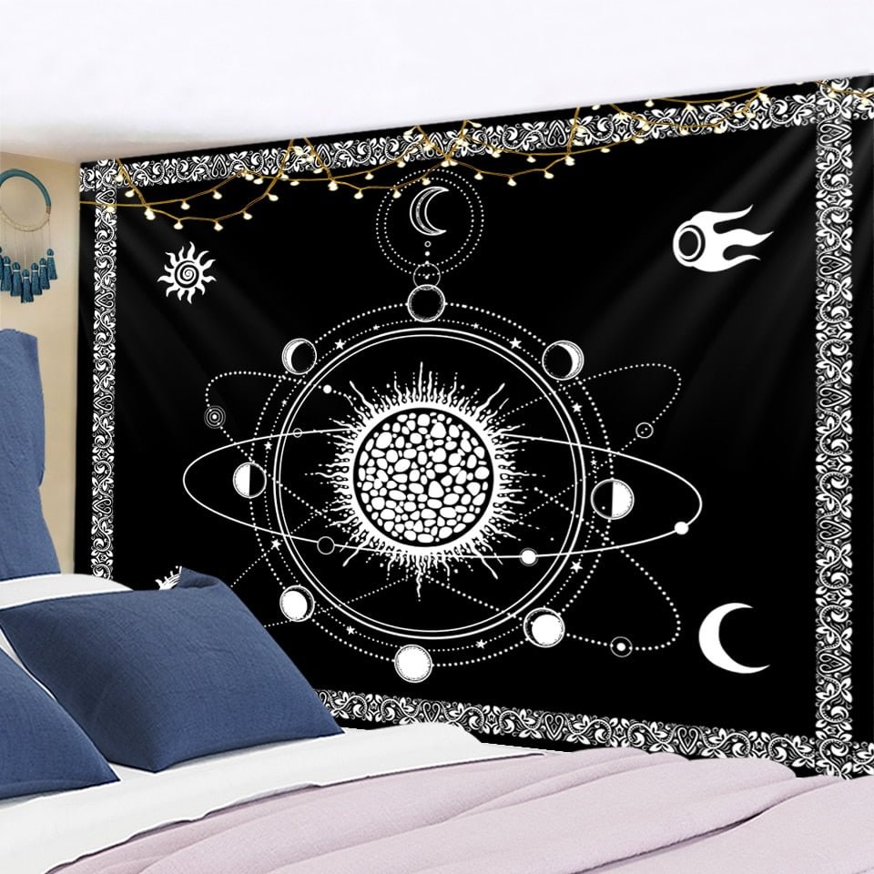 Tarot Card Mandala Tapestry White Black Sun And Moon Tapestry Wall Hanging Hippie Wall Rugs Dorm Decor Blanket