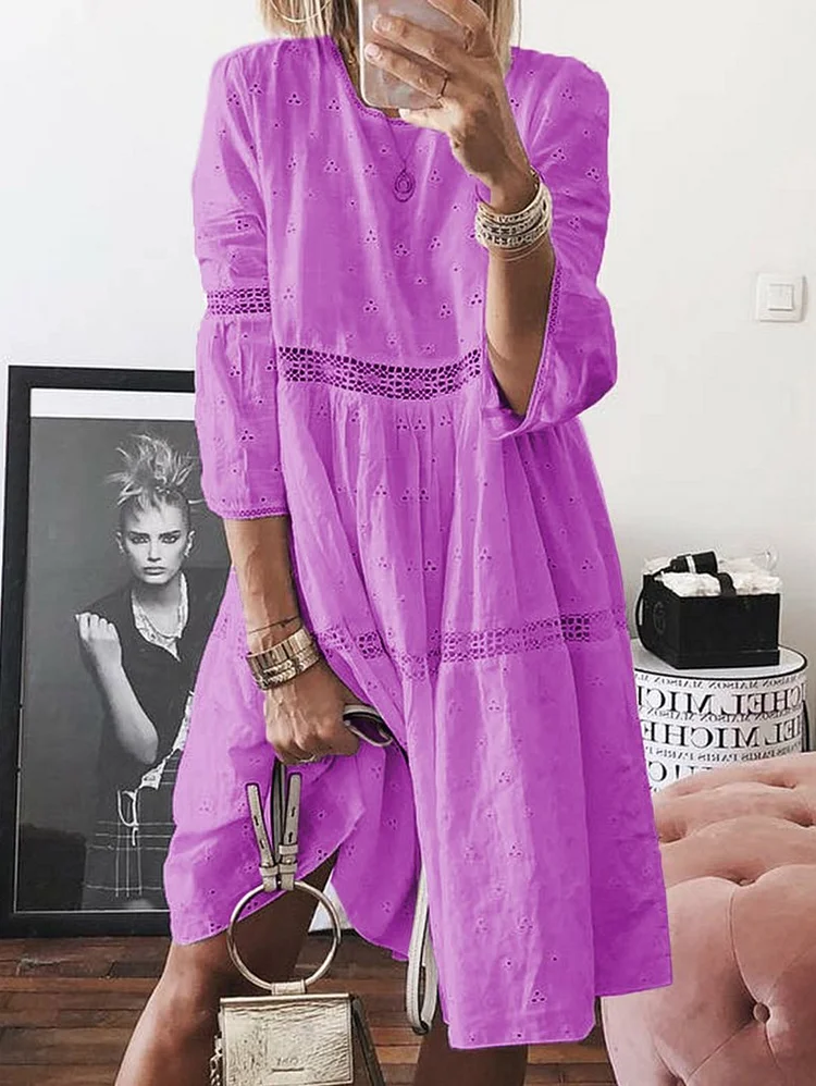 Crew Neck Lace Patchwork Hollow Out 3/4 Sleeve Midi Dress