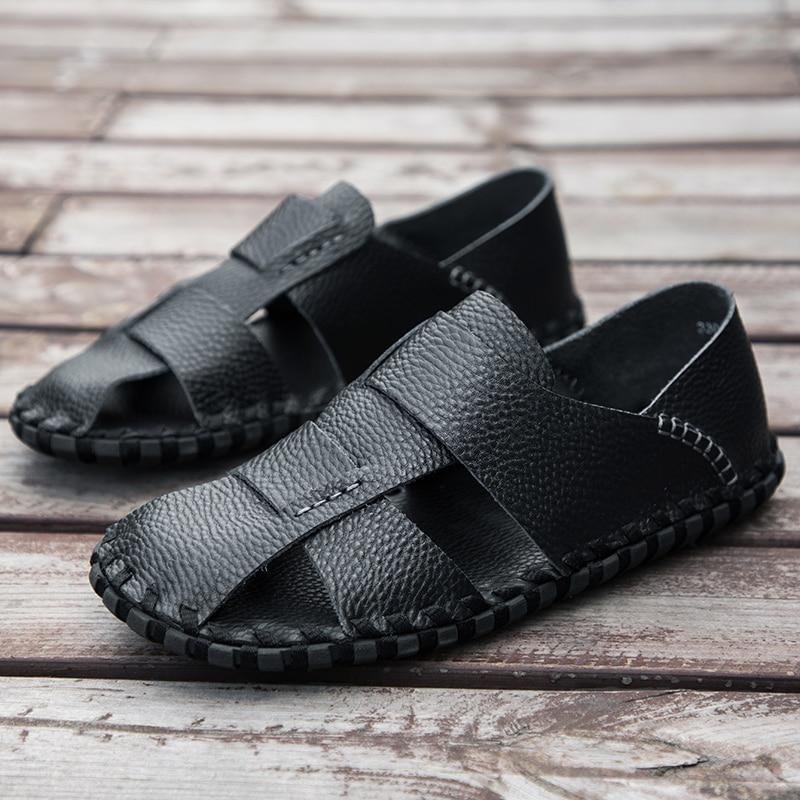 Men Beach Sandals Handmade Genuine Leather Roman Sandals Shoes - VSMEE